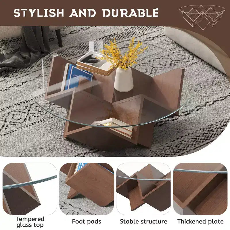 Table basse ronde en noyer avec plateau en verre, piètement géométrique Art déco et étagères de rangement