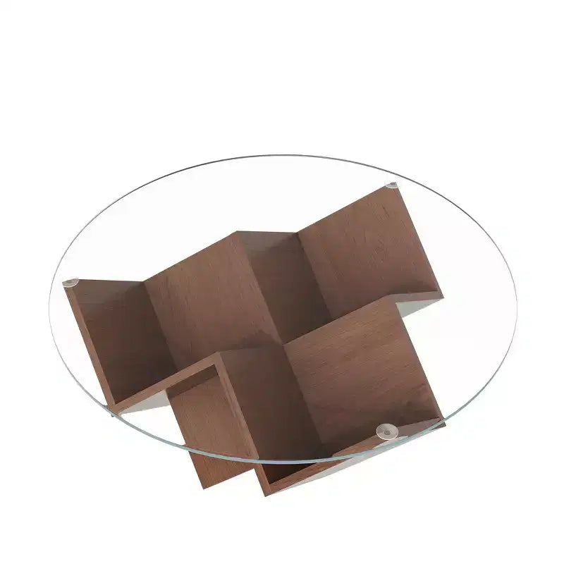 Table basse ronde en noyer avec plateau en verre, piètement géométrique Art déco et étagères de rangement