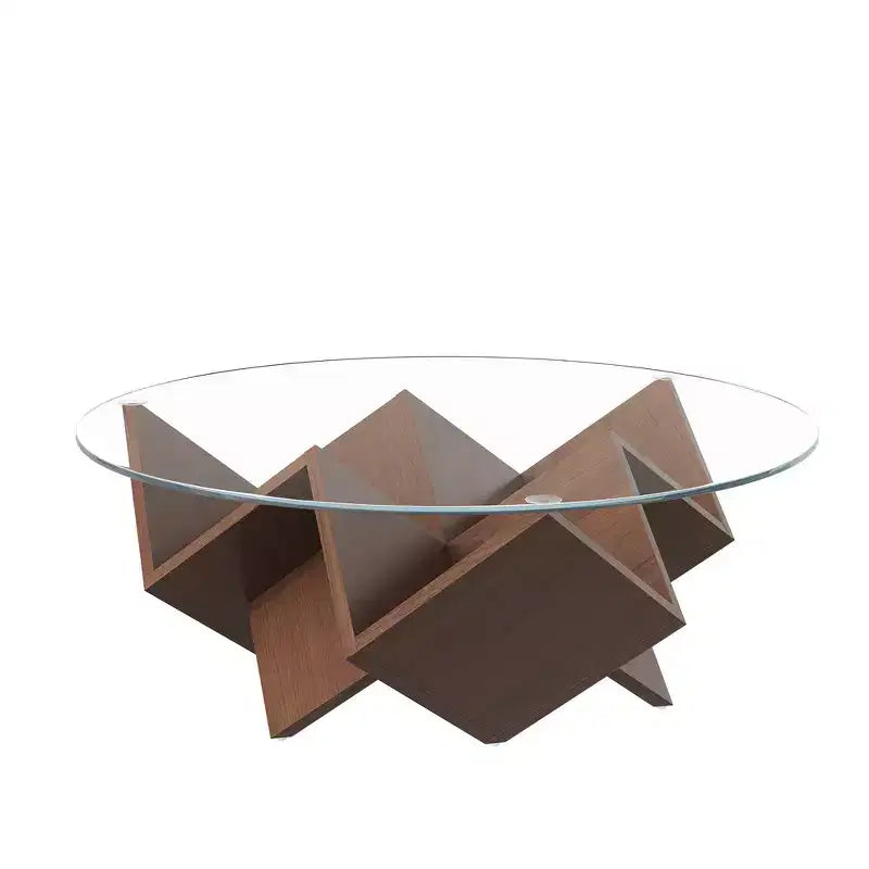 Table basse ronde en noyer avec plateau en verre, piètement géométrique Art déco et étagères de rangement