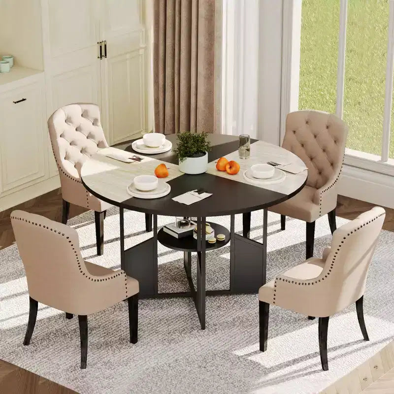 Table à manger ronde, table de salle à manger de cuisine circulaire avec étagère de rangement à 2 niveaux