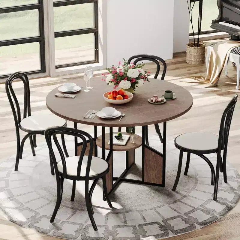 Table à manger ronde, table de salle à manger de cuisine circulaire avec étagère de rangement à 2 niveaux
