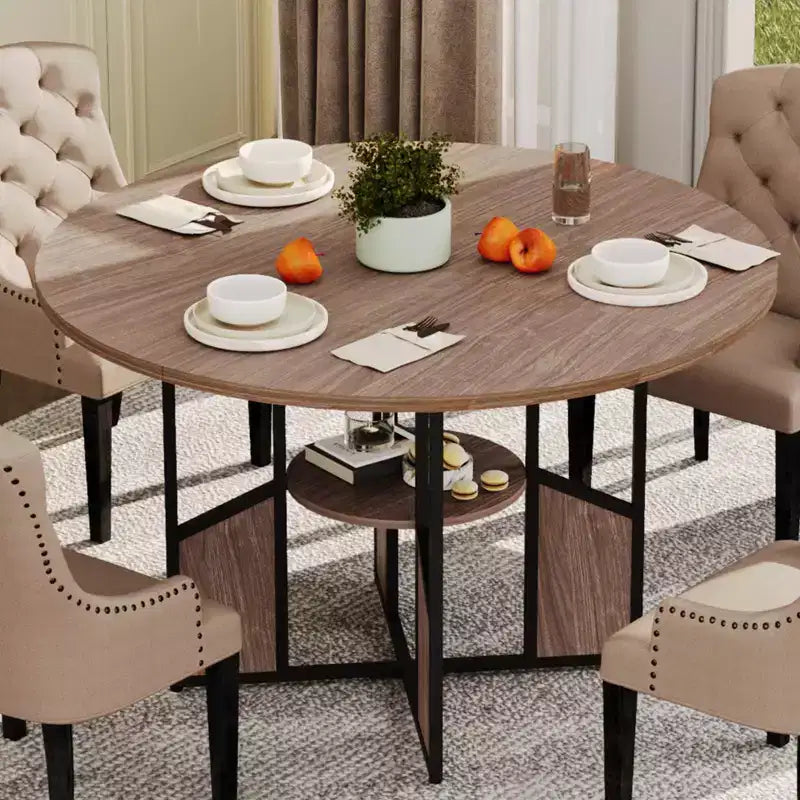 59 Inch Round Dining Table for 46,Circle Kitchen Dining Table with 2-Layer Storage Shelf & Cross Base,Large Round Table with Wood & Iron Frame