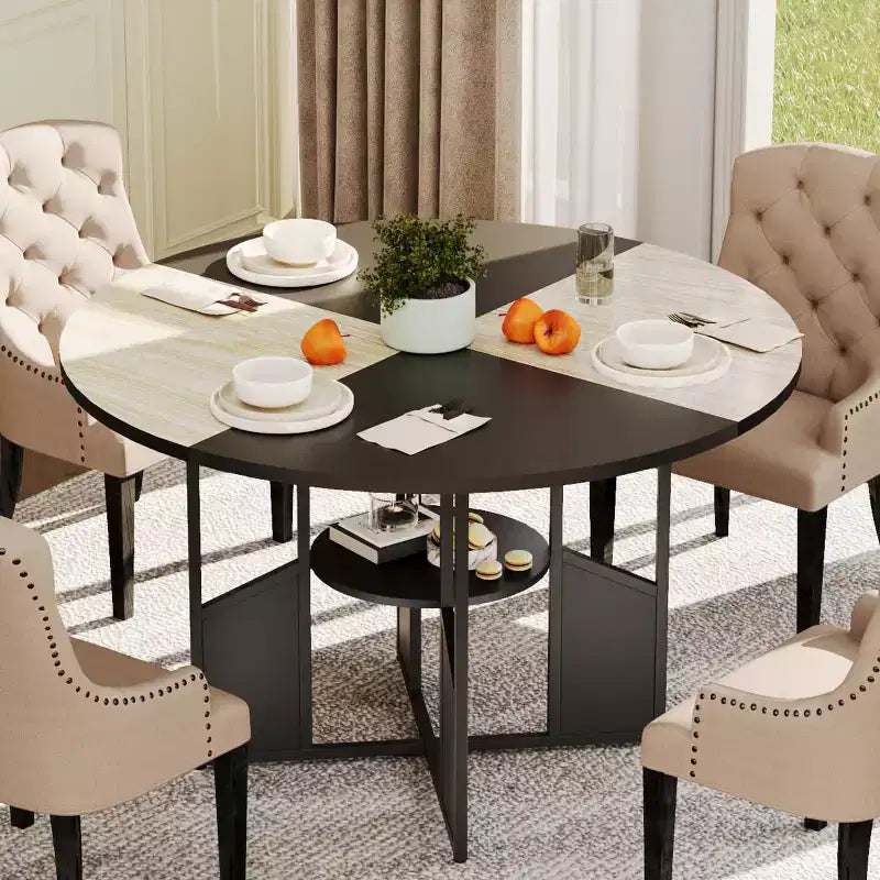 Table à manger ronde, table de salle à manger de cuisine circulaire avec étagère de rangement à 2 niveaux