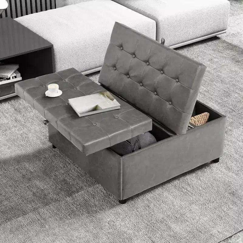 TYBOATLE 35.5 Inch Square Ottoman with Storage, Large Ottoman Coffee Table, 500 lb Large Ottoman with Storages for Living Room, Gray