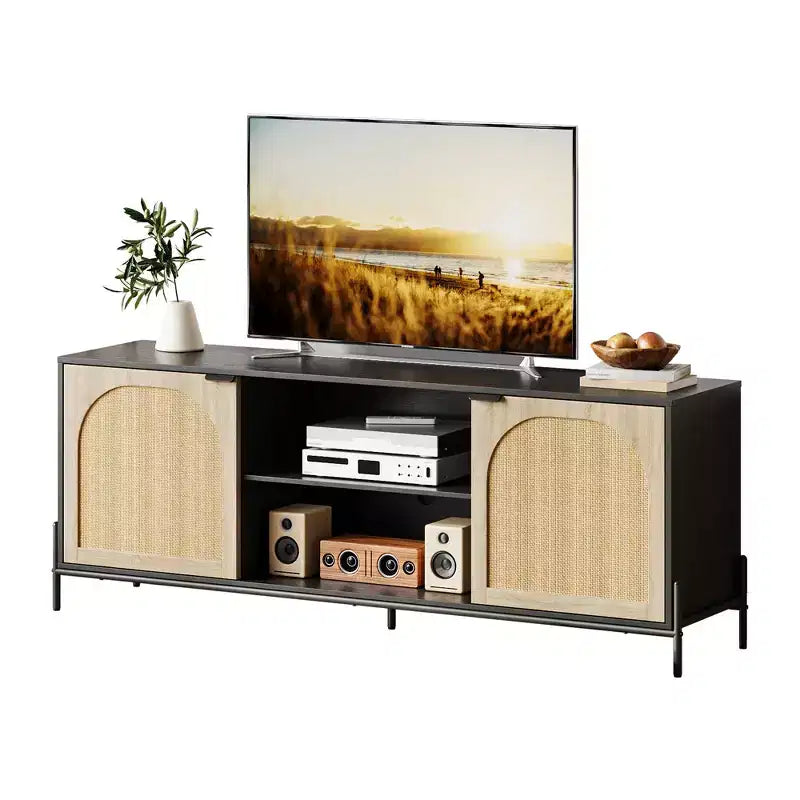 TV Stand with 3 Drawers for Living Room, Entertainment Center with Storage, Rattan Media Console Ith Metal Legs, Black Wooden Entertainment