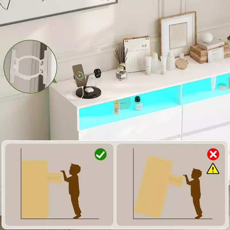 Commode moderne, commode à 6 tiroirs pour chambre à coucher avec lumières LED/prise de courant