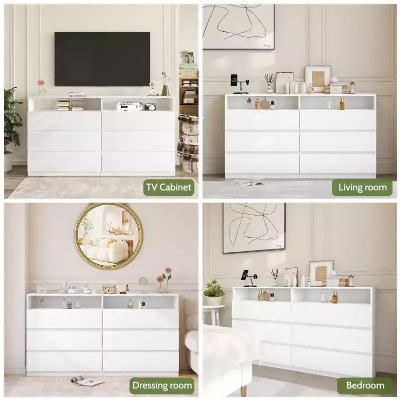 Commode moderne, commode à 6 tiroirs pour chambre à coucher avec lumières LED/prise de courant