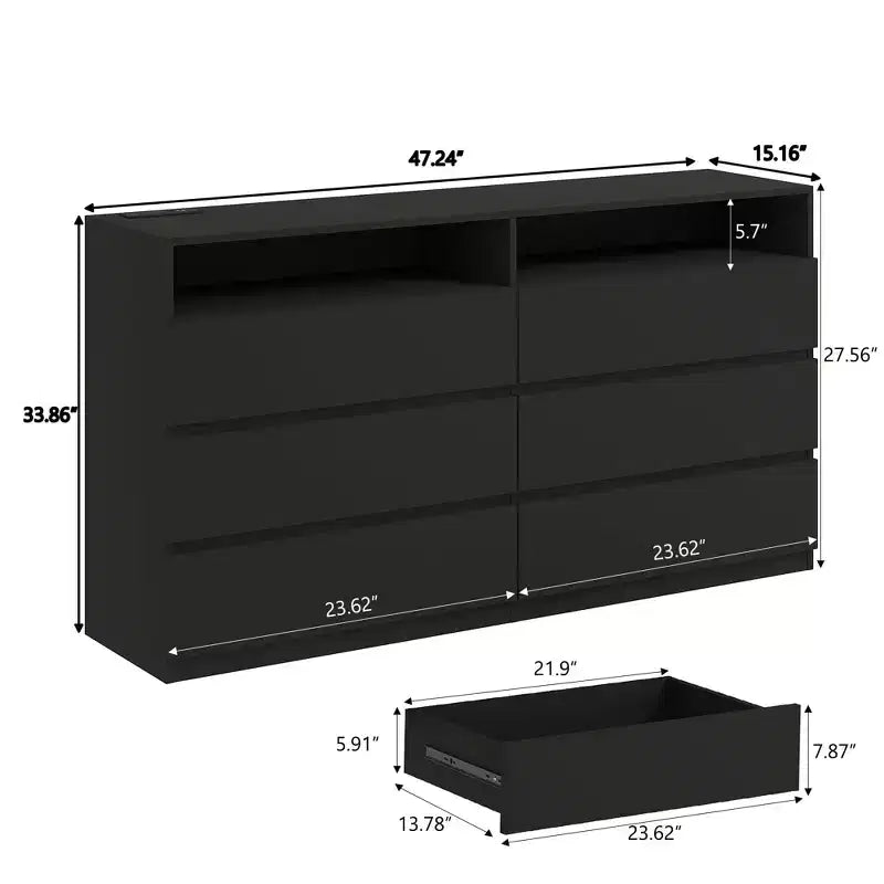 Commode moderne, commode à 6 tiroirs pour chambre à coucher avec lumières LED/prise de courant