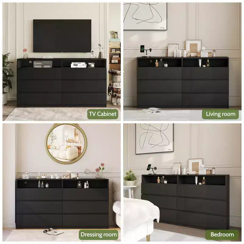 Commode moderne, commode à 6 tiroirs pour chambre à coucher avec lumières LED/prise de courant