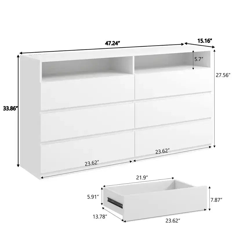 Commode moderne, commode à 6 tiroirs pour chambre à coucher avec lumières LED/prise de courant