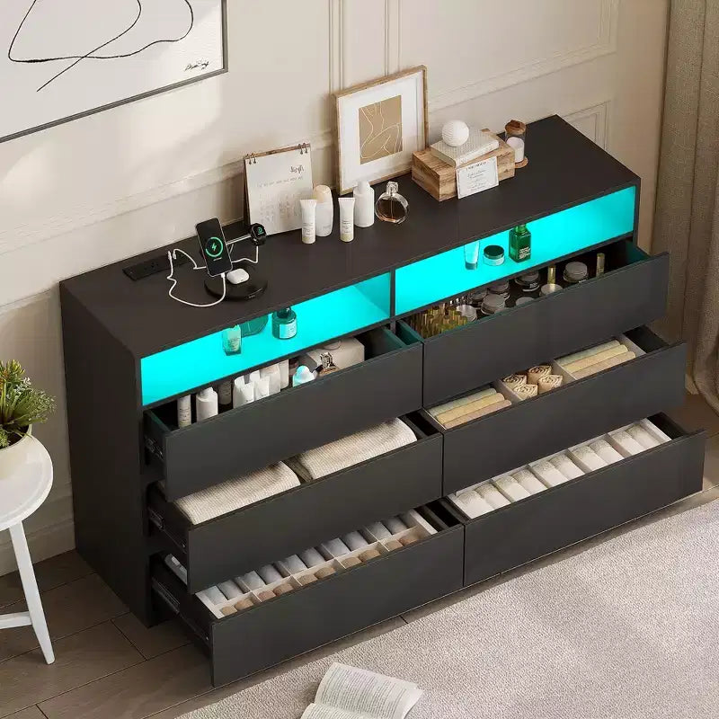 Dyonery Modern Dresser 6 Drawer Dresser for Bedroom with LED Lights/Power Outlet,Double Wide Drawer Storage Organizer TV Stand for Living Room