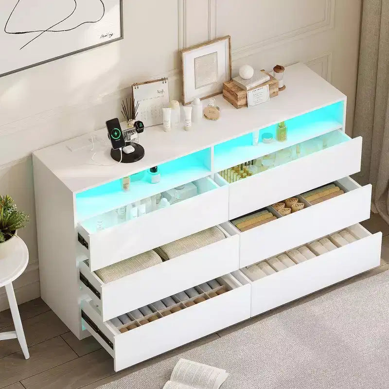 Commode moderne, commode à 6 tiroirs pour chambre à coucher avec lumières LED/prise de courant