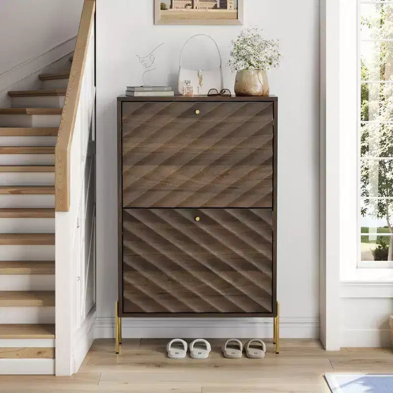 Okak Modern Freestanding Shoe Cabinet Organizer with 2 Flip Drawers,Mid-Century Storage Shoe Rack for Corridors, Entrances