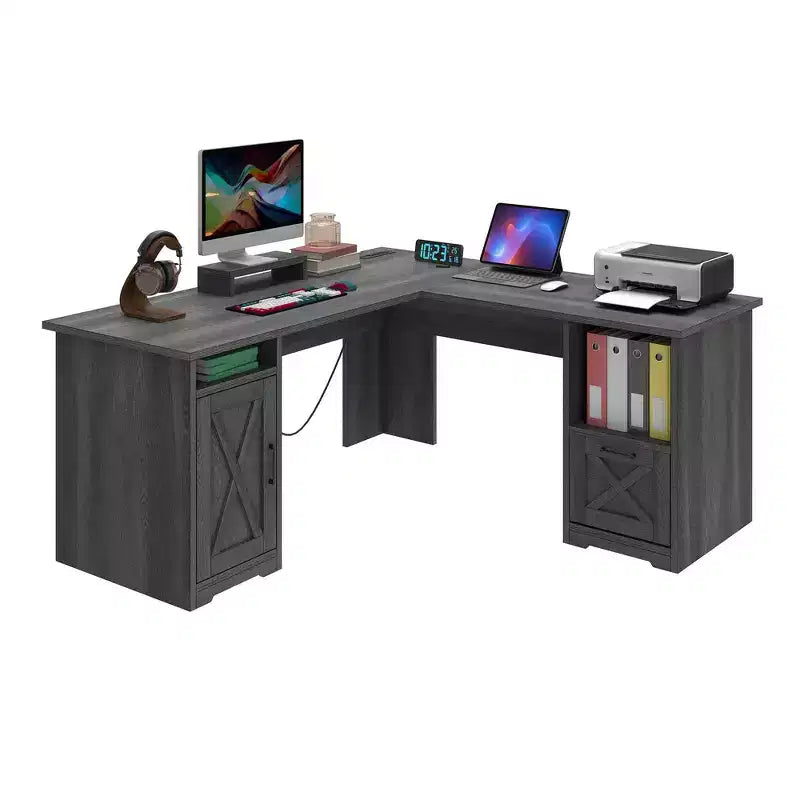 Bureau d'angle en L avec tiroir de classement et armoire de rangement