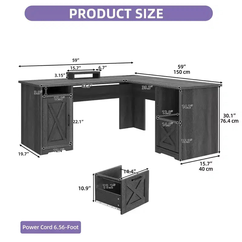 Bureau d'angle en L avec tiroir de classement et armoire de rangement