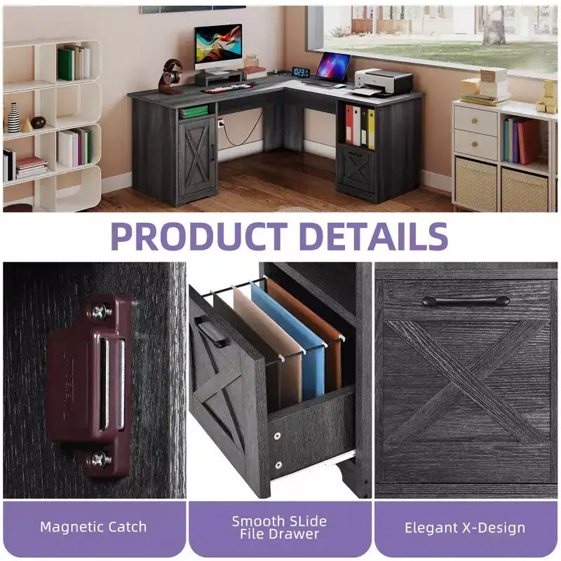 Bureau d'angle en L avec tiroir de classement et armoire de rangement