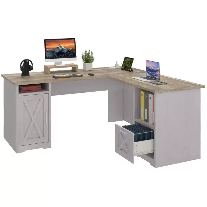 Bureau d'angle en L avec tiroir de classement et armoire de rangement