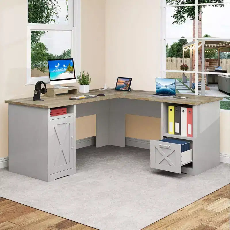 Bureau d'angle en L avec tiroir de classement et armoire de rangement