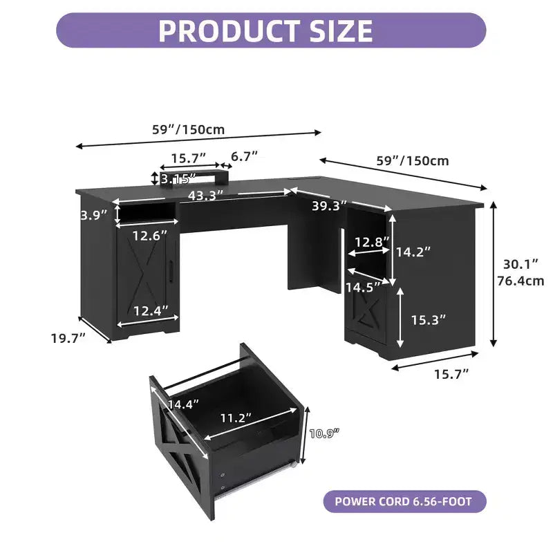 Bureau d'angle en L avec tiroir de classement et armoire de rangement