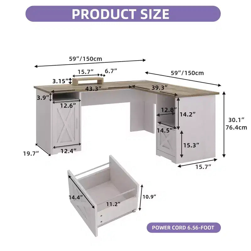 Bureau d'angle en L avec tiroir de classement et armoire de rangement