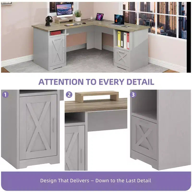Bureau d'angle en L avec tiroir de classement et armoire de rangement