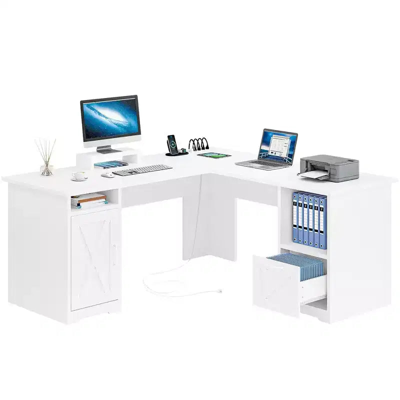 Bureau d'angle en L avec tiroir de classement et armoire de rangement