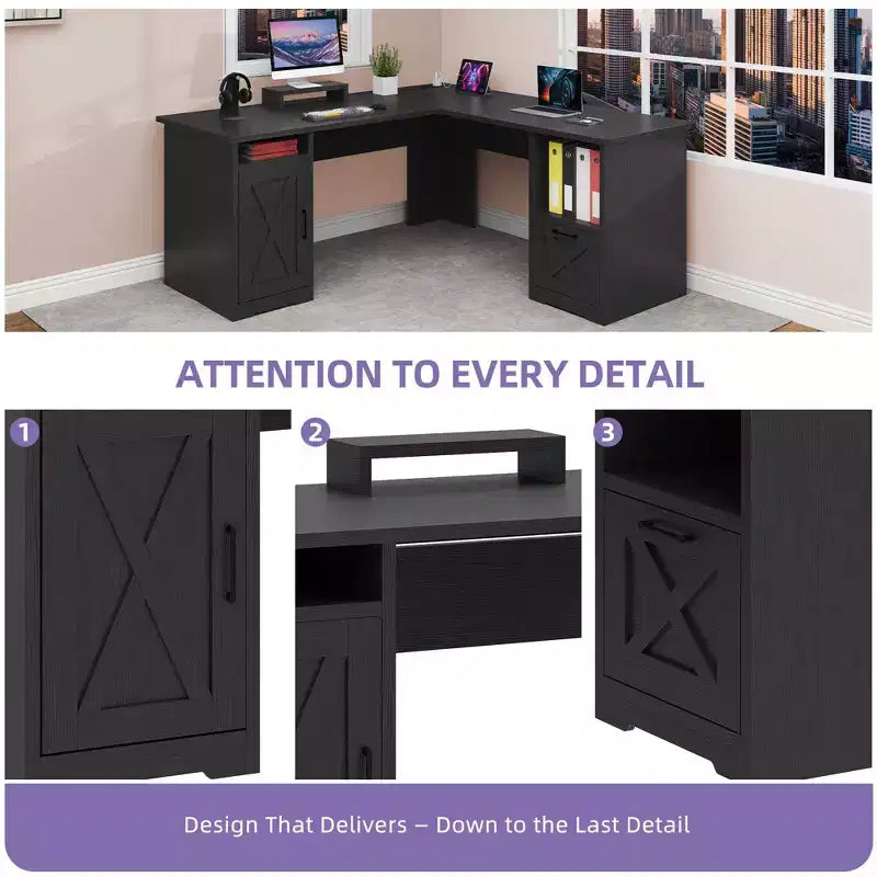 Bureau d'angle en L avec tiroir de classement et armoire de rangement