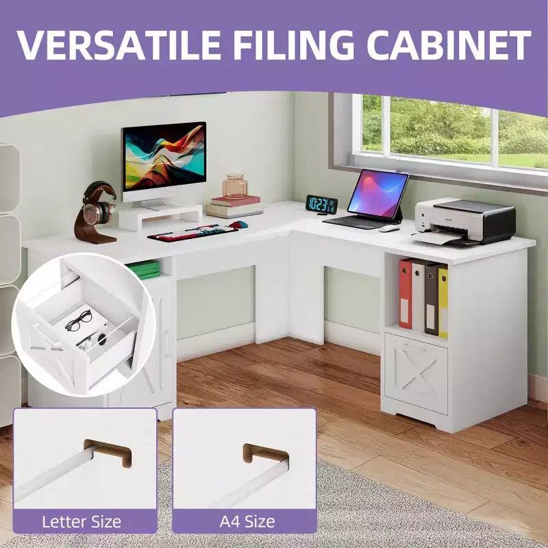 Bureau d'angle en L avec tiroir de classement et armoire de rangement