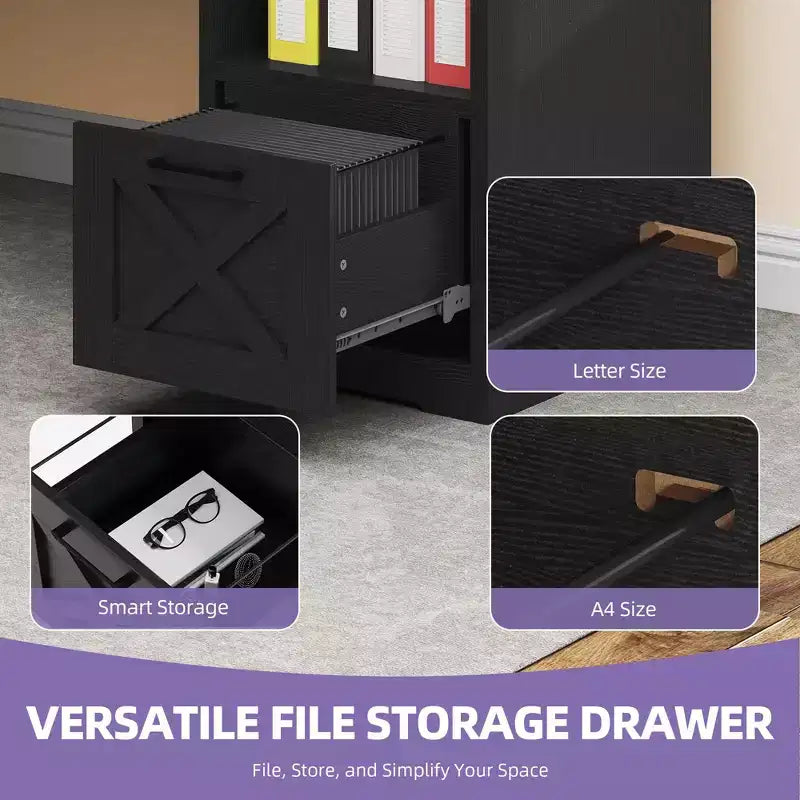 Bureau d'angle en L avec tiroir de classement et armoire de rangement