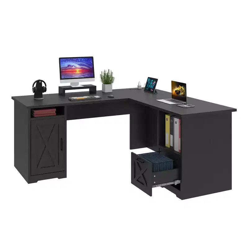 Bureau d'angle en L avec tiroir de classement et armoire de rangement