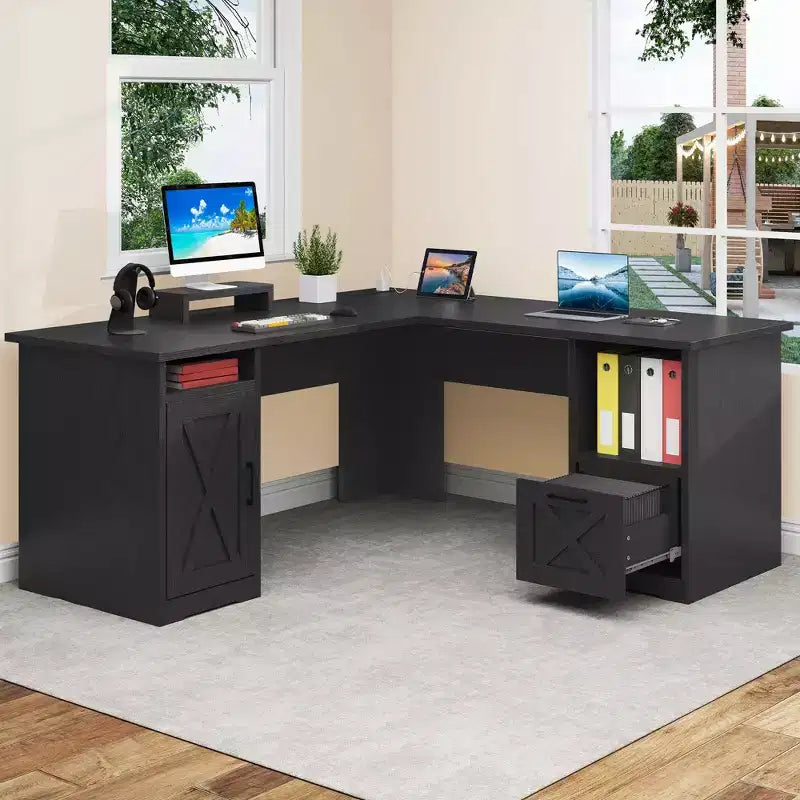 60 Inch L Shaped Desk Corner Computer Desk With File Drawer And Storage Cabinet For Home Office, Study Room