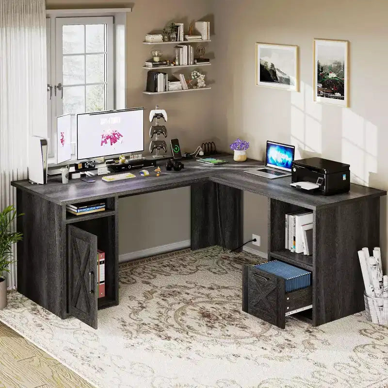 Bureau d'angle en L avec tiroir de classement et armoire de rangement