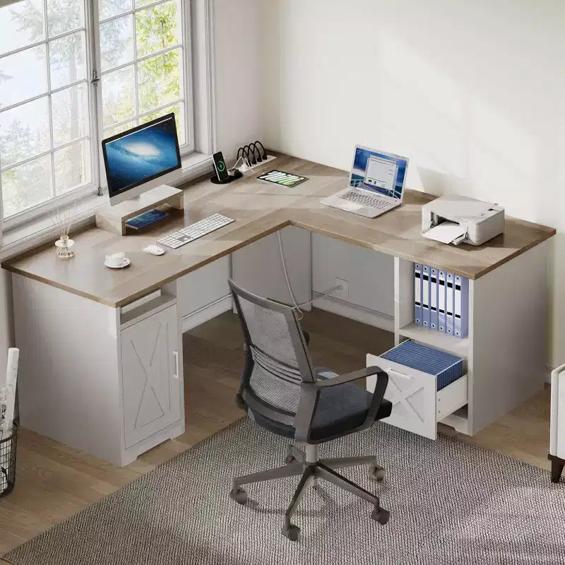 Bureau d'angle en L avec tiroir de classement et armoire de rangement
