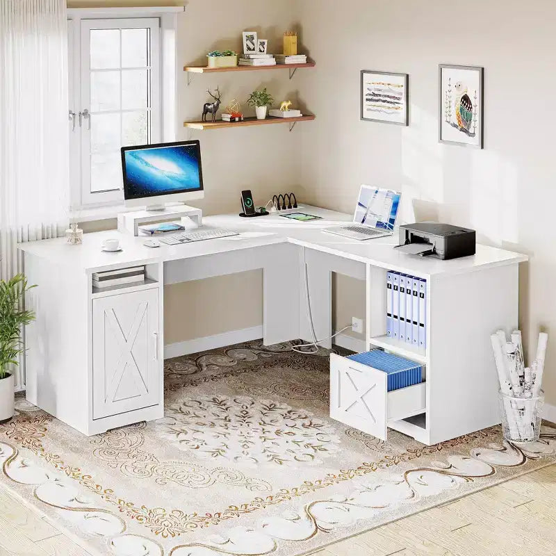 Bureau d'angle en L avec tiroir de classement et armoire de rangement