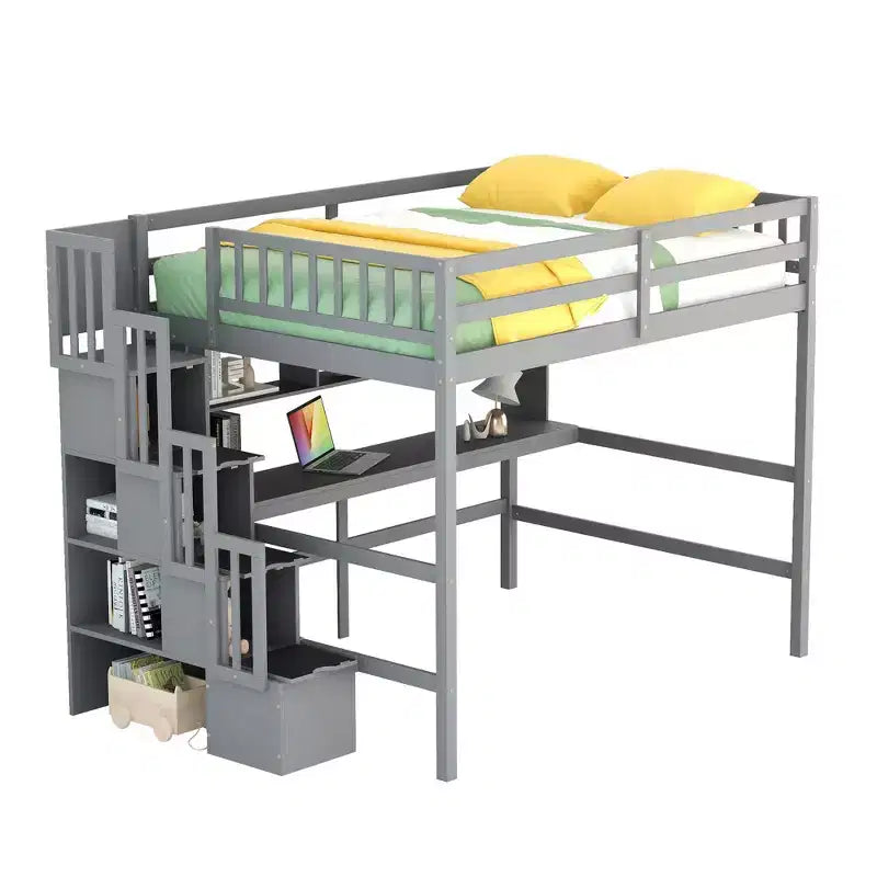 MAYEERTY Full Size Loft Bed with Built-in Desk, Storage Shelves & Storage Staircase for Bedroom Gray
