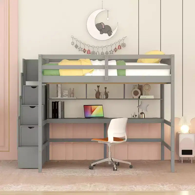 Lit mezzanine double avec bureau intégré, étagères de rangement et escalier de rangement