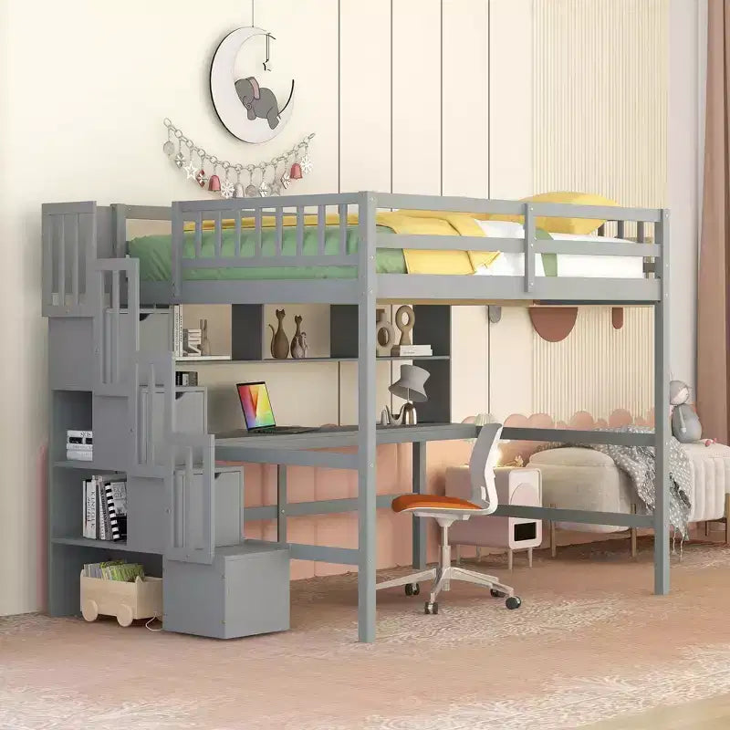 Lit mezzanine double avec bureau intégré, étagères de rangement et escalier de rangement