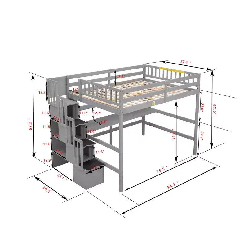 Lit mezzanine double avec bureau intégré, étagères de rangement et escalier de rangement