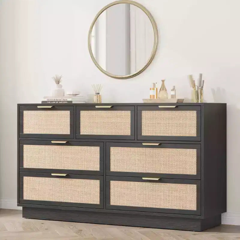 Commode en rotin à 7 tiroirs, 140 cm de large, 7 tiroirs avec poignées métalliques