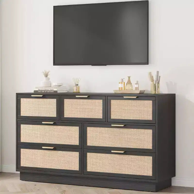 Commode en rotin à 7 tiroirs, 140 cm de large, 7 tiroirs avec poignées métalliques