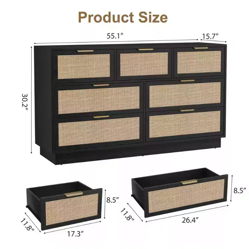 Commode en rotin à 7 tiroirs, 140 cm de large, 7 tiroirs avec poignées métalliques
