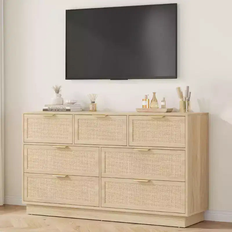 Commode en rotin à 7 tiroirs, 140 cm de large, 7 tiroirs avec poignées métalliques