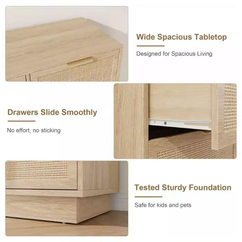 Commode en rotin à 7 tiroirs, 140 cm de large, 7 tiroirs avec poignées métalliques