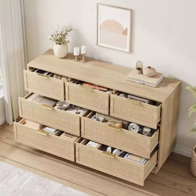 Commode en rotin à 7 tiroirs, 140 cm de large, 7 tiroirs avec poignées métalliques