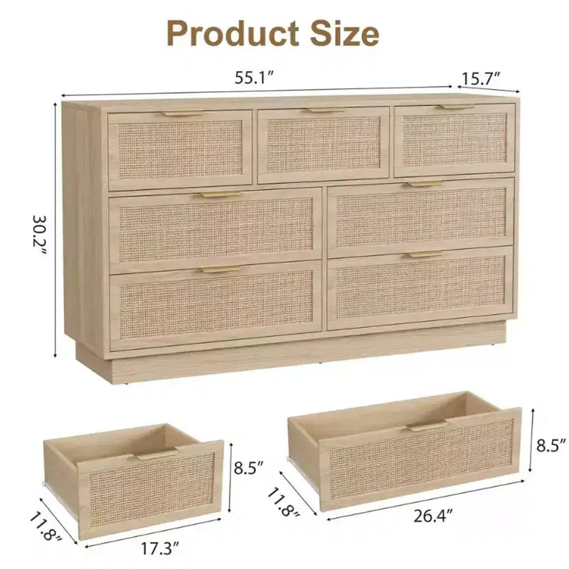 Commode en rotin à 7 tiroirs, 140 cm de large, 7 tiroirs avec poignées métalliques