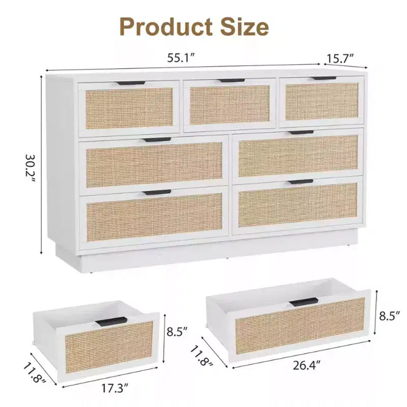 Commode en rotin à 7 tiroirs, 140 cm de large, 7 tiroirs avec poignées métalliques