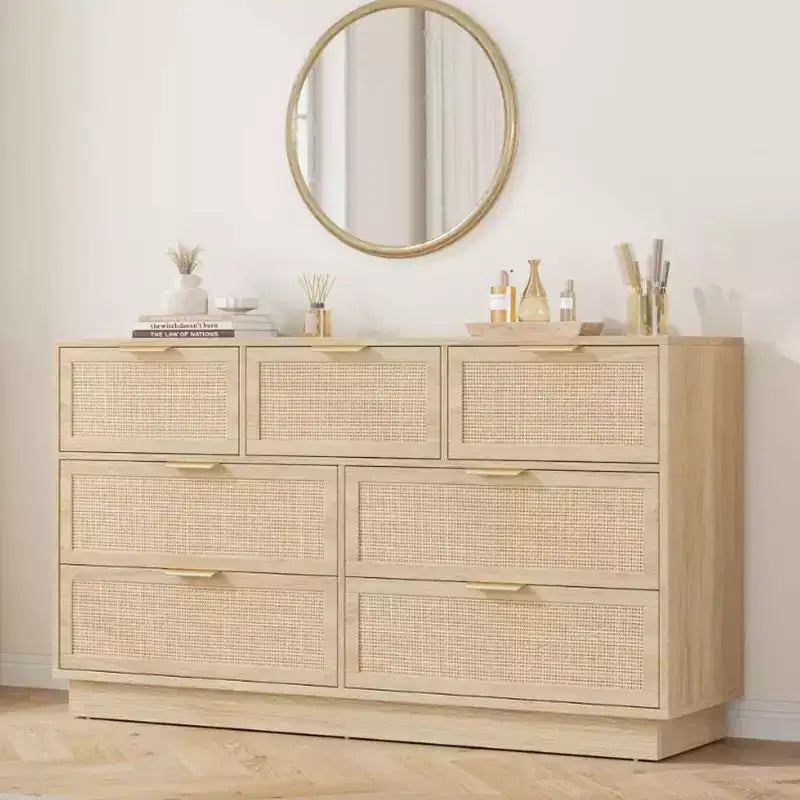 Commode en rotin à 7 tiroirs, 140 cm de large, 7 tiroirs avec poignées métalliques