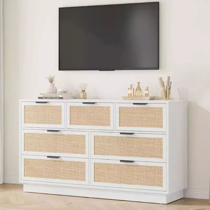 Commode en rotin à 7 tiroirs, 140 cm de large, 7 tiroirs avec poignées métalliques