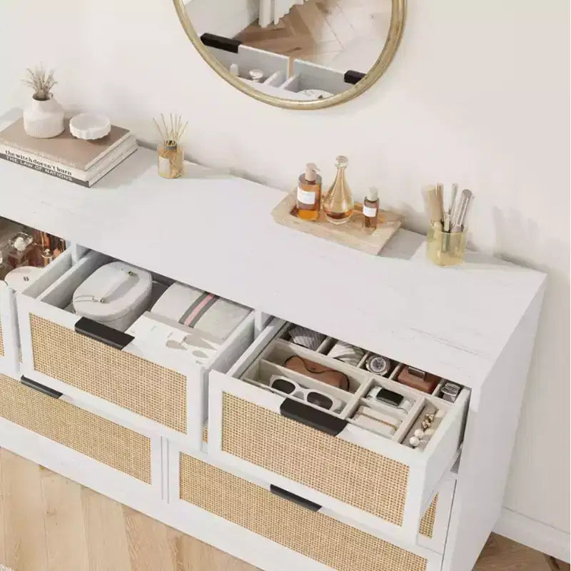 Commode en rotin à 7 tiroirs, 140 cm de large, 7 tiroirs avec poignées métalliques