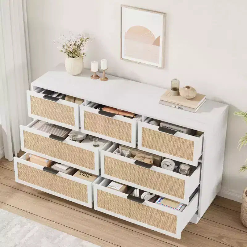 Commode en rotin à 7 tiroirs, 140 cm de large, 7 tiroirs avec poignées métalliques